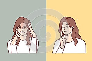 Discouraged woman with scared face and positive girl in casual t-shirt touching chin. Vector image