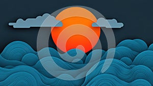 Discover a captivating blend of vector art and abstract landscapes, featuring bluelined waves against a rich dark orange backdrop photo