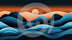 Discover a captivating blend of vector art and abstract landscapes, featuring bluelined waves against a rich dark orange backdrop photo