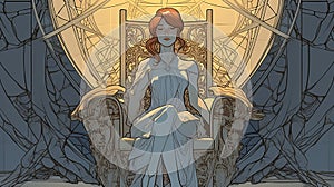 Young Woman on Throne: Ethereal Geometry and Fine Art Nouveau Inspired Portrait, Generative AI