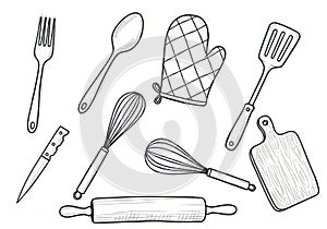 Collection of hand-drawn baking utensils for kitchen and culinary creations