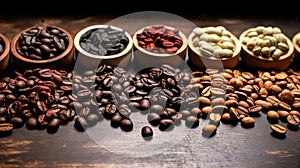 diverse world of coffee roasts with an assortment of beans laid out on a rustic wooden table