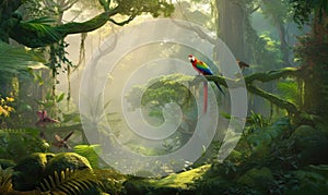 Discover the exotic beauty of parrots in the rainforest Creating using generative AI