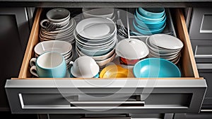 Discover the Exquisite Set of Tableware Nestled in the Kitchen Drawers. Generative AI