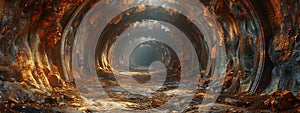 Discover the hidden beauty within a hazy tunnel, adorned with ancient rocks and rusted iron photo