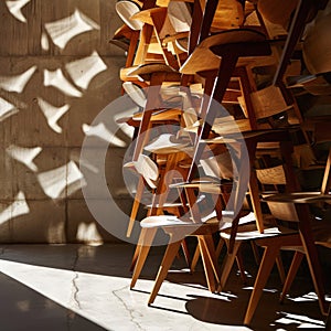 Discover the hidden dance of everyday objects with a shot of stacked chairs in a deserted room. Embrace unconventional