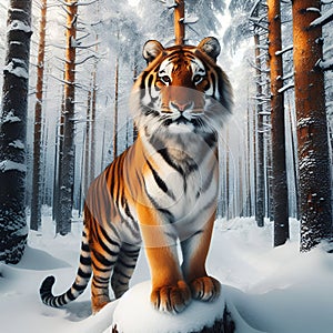 Icy Domain: The Formidable Tiger Roams Snowy Peaks. photo