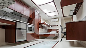 Discover this modern compact apartment interior featuring space saving design and efficient living solutions