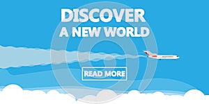 Discover a new world vector illustration background concept airplane. Business vacation travel banner. Global trip adventure