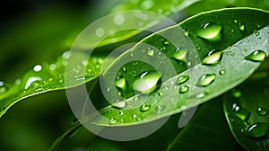 Discover the reflective beauty of water droplets on leaf with blurred background and space for text