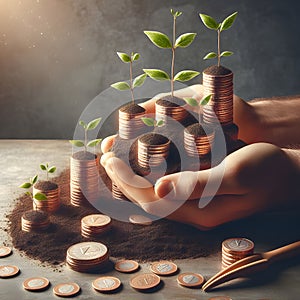 Investment concept, Coins stack with tree growing from pile of coins