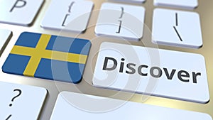 DISCOVER text and flag of Sweden on the buttons on the computer keyboard. Conceptual 3D animation