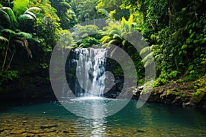 Discover the tranquil allure of a small waterfall nestled amidst the dense foliage of a serene forest, A hidden waterfall
