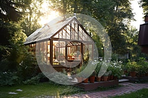 Discover a tranquil garden sanctuary with a charming wooden greenhouse