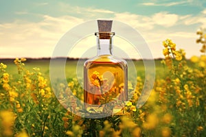 Discover tranquility in this image of an elegant perfume bottle amidst a vibrant field