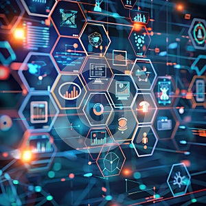 Discover a vibrant digital hexagonal pattern featuring business icons on a blurred polygonal backdrop, ideal for dashboards photo