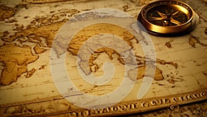 Discover a vintage world map with an antiquated compass placed on top, highlighting historical navigation tools, Animation of a