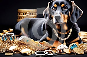 Discover a world of opulence with this adorable dog amidst a trove of glittering treasures