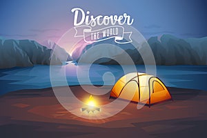 Discover the world poster, night landscape with tent.