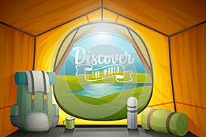 Discover the world poster, view from inside a tent.