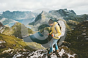 Discoverer man trekking in mountains Traveling