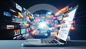 Discovering digital content in a futuristic setting with a laptop and floating media visuals