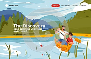 Discovery Landing page concept. Family trekking, river rafting and fishing.
