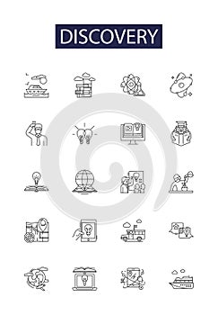 Discovery line vector icons and signs. Locate, Uncover, Discover, Identify, Unearth, Realize, Spot, Invent outline