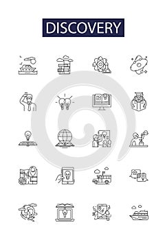 Discovery line vector icons and signs. Locate, Uncover, Discover, Identify, Unearth, Realize, Spot, Invent outline photo