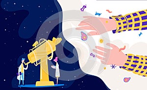 Discovery, science, life search in univerce, microbiology and astronomy study vector illustration. Scientific research