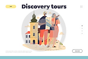 Discovery tour concept of landing page with happy senior couple tourist travel on vacation to Europe