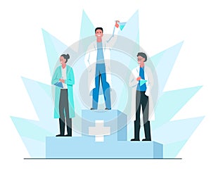 Discovery of a vaccine concept. Vector illustration of three happy smiling scientists on the podium with chemical flasks in their