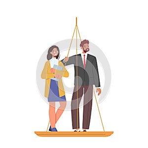 Discrimination In Corporation, Inequality and Imbalance, Unjust Advantages Concept. Male and Female Stand on Scales photo