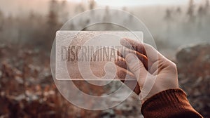 Discrimination and prejudice concept. Woman holding a glass card etched with word discrimination