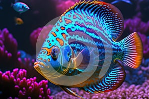 Discus fish swimming in an exotic aquarium. Closeup view.