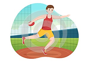 Discus Throw Playing Athletics Illustration with Throwing a Wooden Plate in Sports Championship Flat Cartoon Hand Drawn Templates