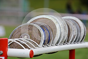 Discus on the track and field stadium