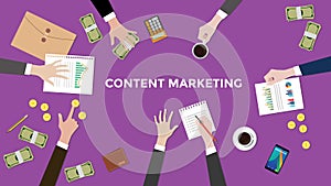 Discuss content marketing concept in a meeting illustration with paperworks, folder document, money and coins on top of photo