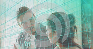 Discussing man wearing buttonup, woman in sleeveless top in office, cyan 3D grid with numbers