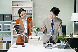 Discussion among businesspeople on the latest developments in solar cell panel technology and Solar Energy