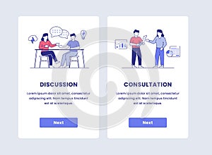 discussion consultation men and women talking onboarding for mobile app apps application with cartoon flat outline style