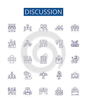 Discussion line icons signs set. Design collection of Debate, Dialogue, Disagreement, Talk, Communication, Arguing