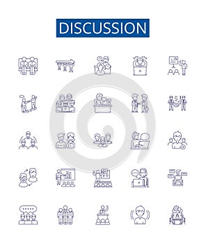 Discussion line icons signs set. Design collection of Debate, Dialogue, Disagreement, Talk, Communication, Arguing