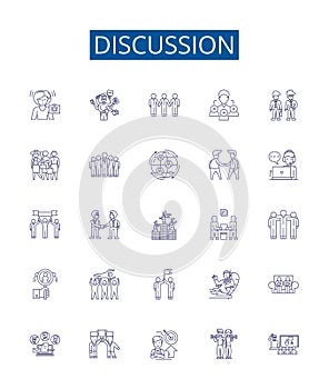 Discussion line icons signs set. Design collection of Debate, Dialogue, Disagreement, Talk, Communication, Arguing