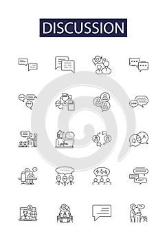 Discussion line vector icons and signs. Dialogue, Exchange, Talk, Contest, Colloquy, Conversation, Deliberation photo