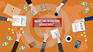 Discussion about marketing operations management on a meeting table illustration with paperworks, money and document