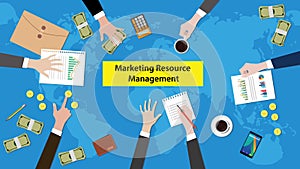 Discussion about marketing resource management on a meeting table illustration with paperworks, money and document photo