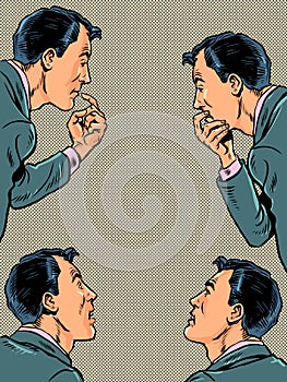 Discussion of a solution to the problem within the company. Conversation within one another. Identical men talking to