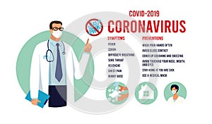 Disease symptoms and precautions for coronavirus. 2019-nCoV Infographics with doctor. Flat vector illustration isolated