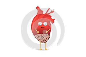 Disease unhealthy cartoon heart character with cancer tumor on white background. Sick suffering human circulatory organ photo